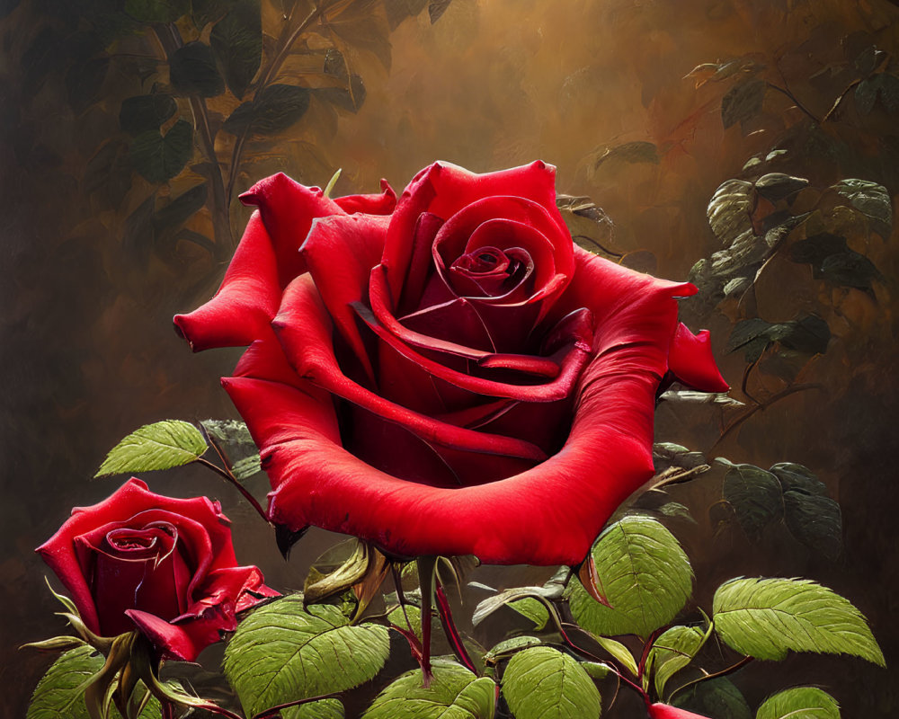 Red Rose with Dewdrops Among Other Roses on Golden Background