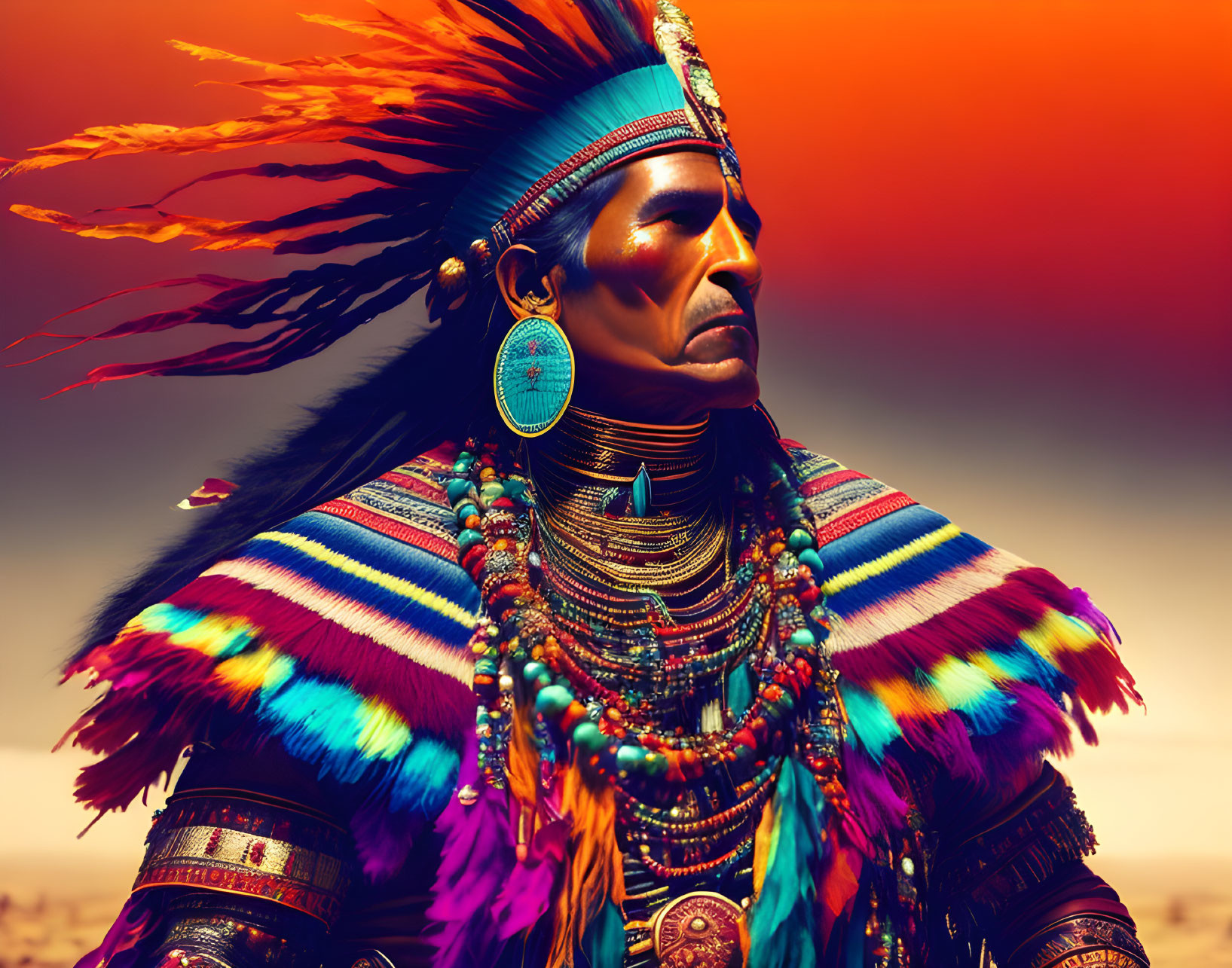 Vibrant Native American regalia with feather headdress and face paint.