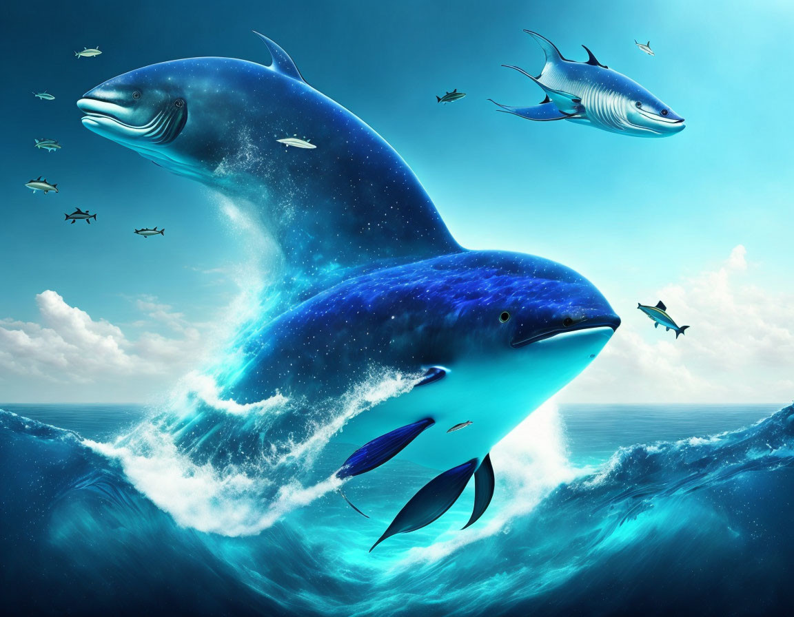 Giant whale leaping from vibrant ocean with marine animals, under clear blue sky