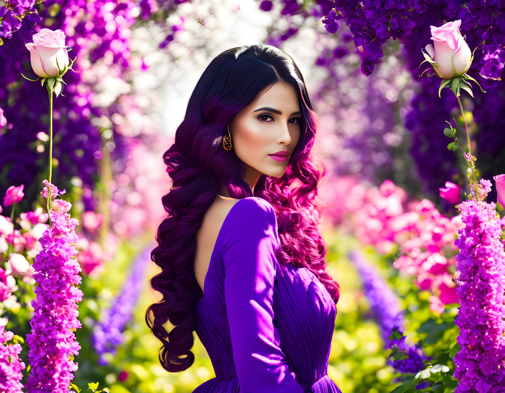 Woman with Long Curly Hair in Purple Dress Surrounded by Vibrant Garden