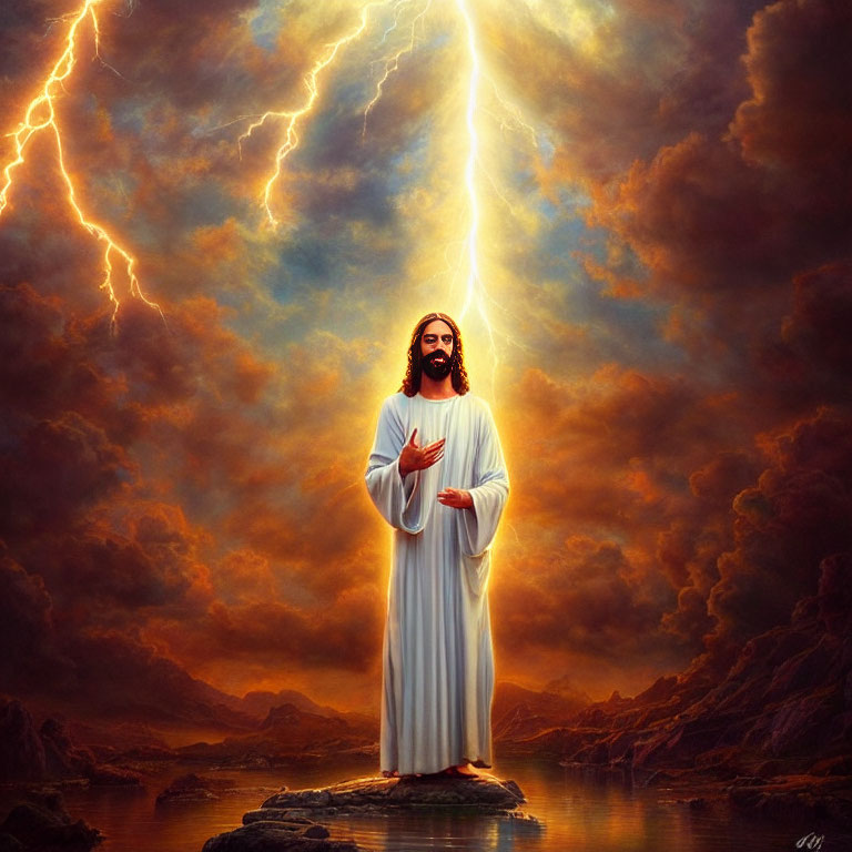 Figure in white robes under dramatic sky with lightning bolts symbolizing spiritual presence