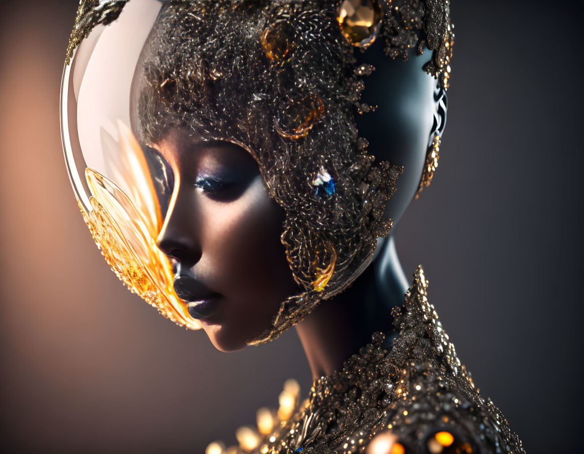 Person with ornate golden headpiece and reflective visor in profile view