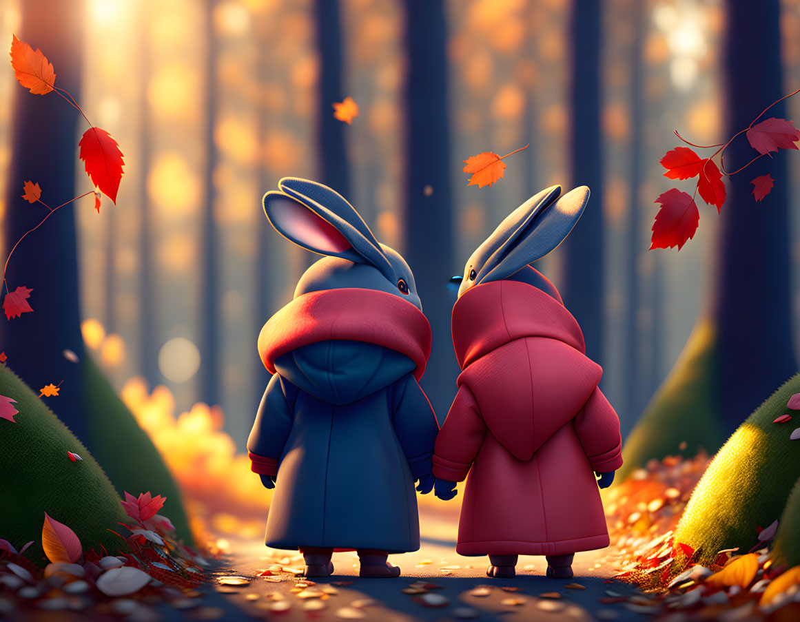 Cartoon rabbits holding hands in autumn forest with falling leaves.