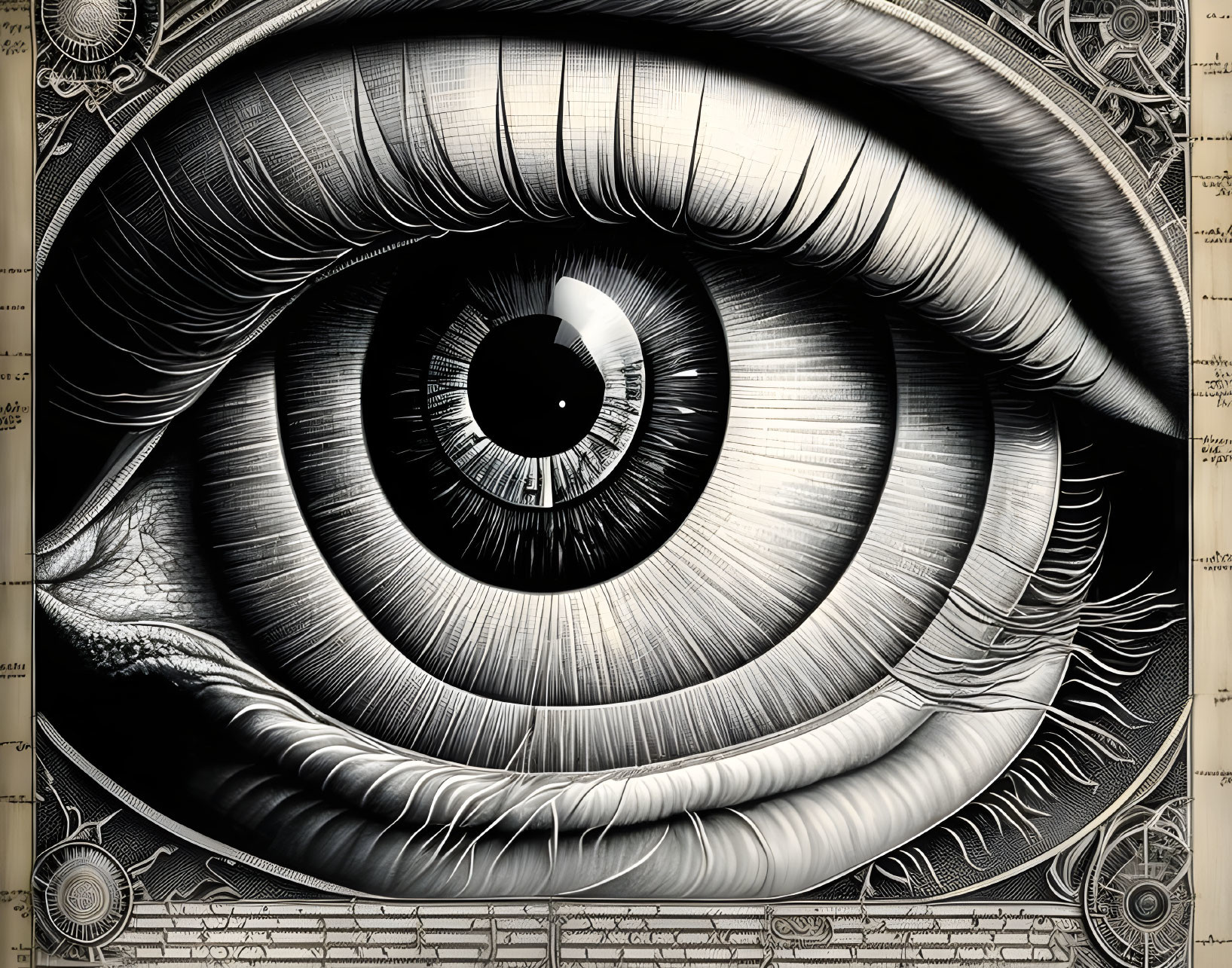 Detailed grayscale illustration of human eye with vintage technology vibe