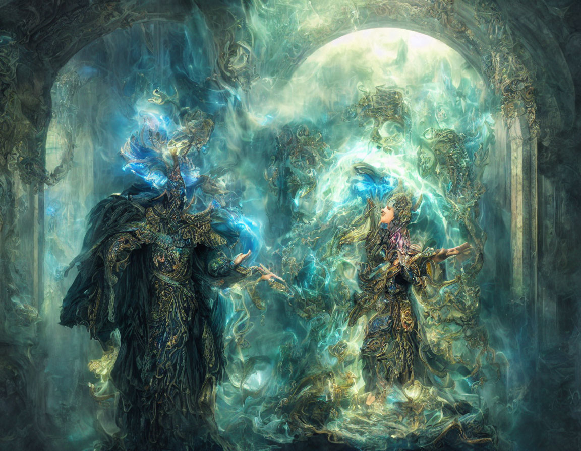 Mystical figures in ornate hall with blue and green energy