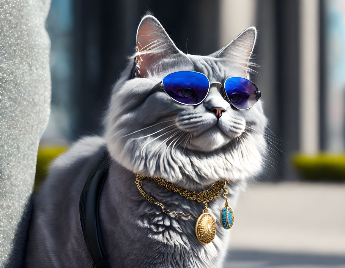 Grey Cat with Blue Sunglasses, Gold Chain, and Urban Background