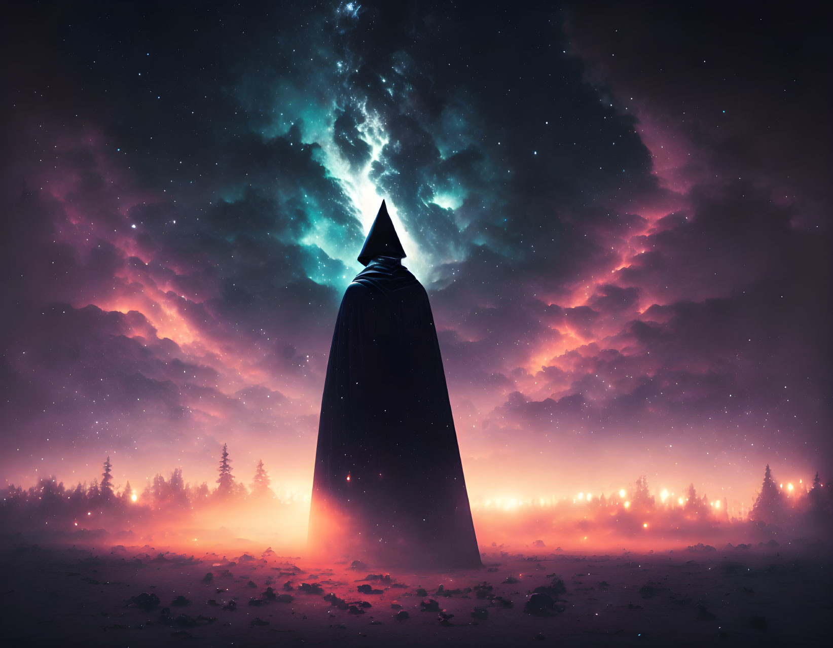 Mysterious cloaked figure under pink and blue cosmic sky above forest silhouette