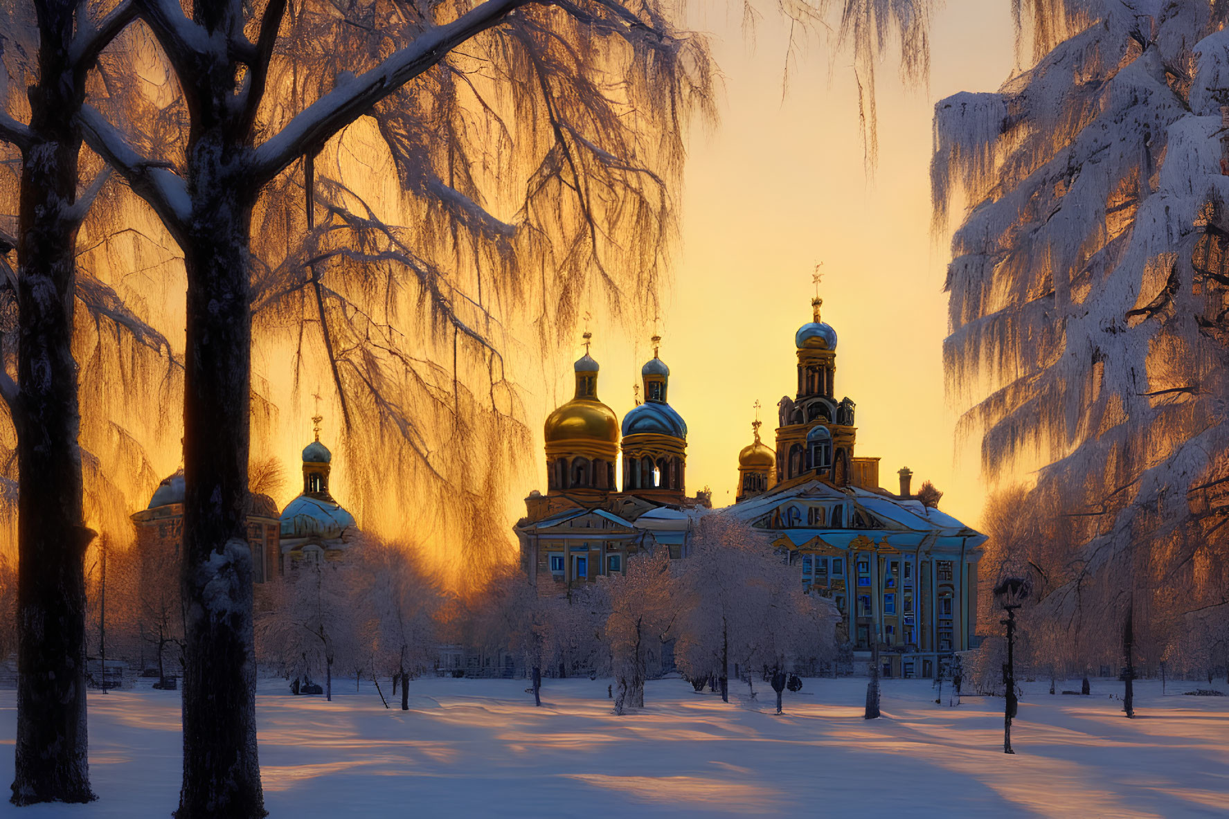 Snow-covered park at sunrise with golden-domed cathedral