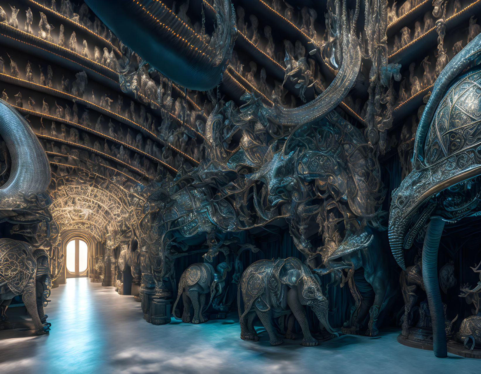 Elaborate Metallic Dragon and Elephant Sculptures in Fantastical Hall