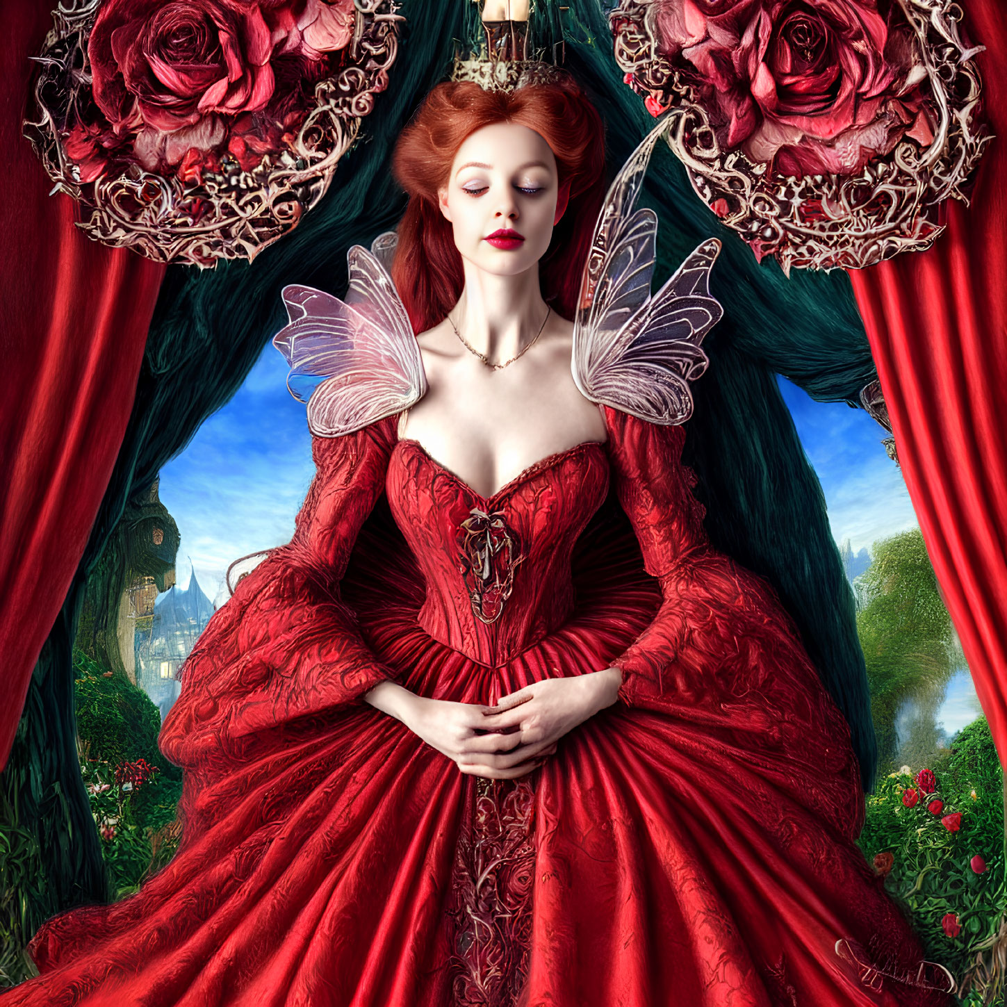 Elaborate red gown woman with butterfly wings and roses