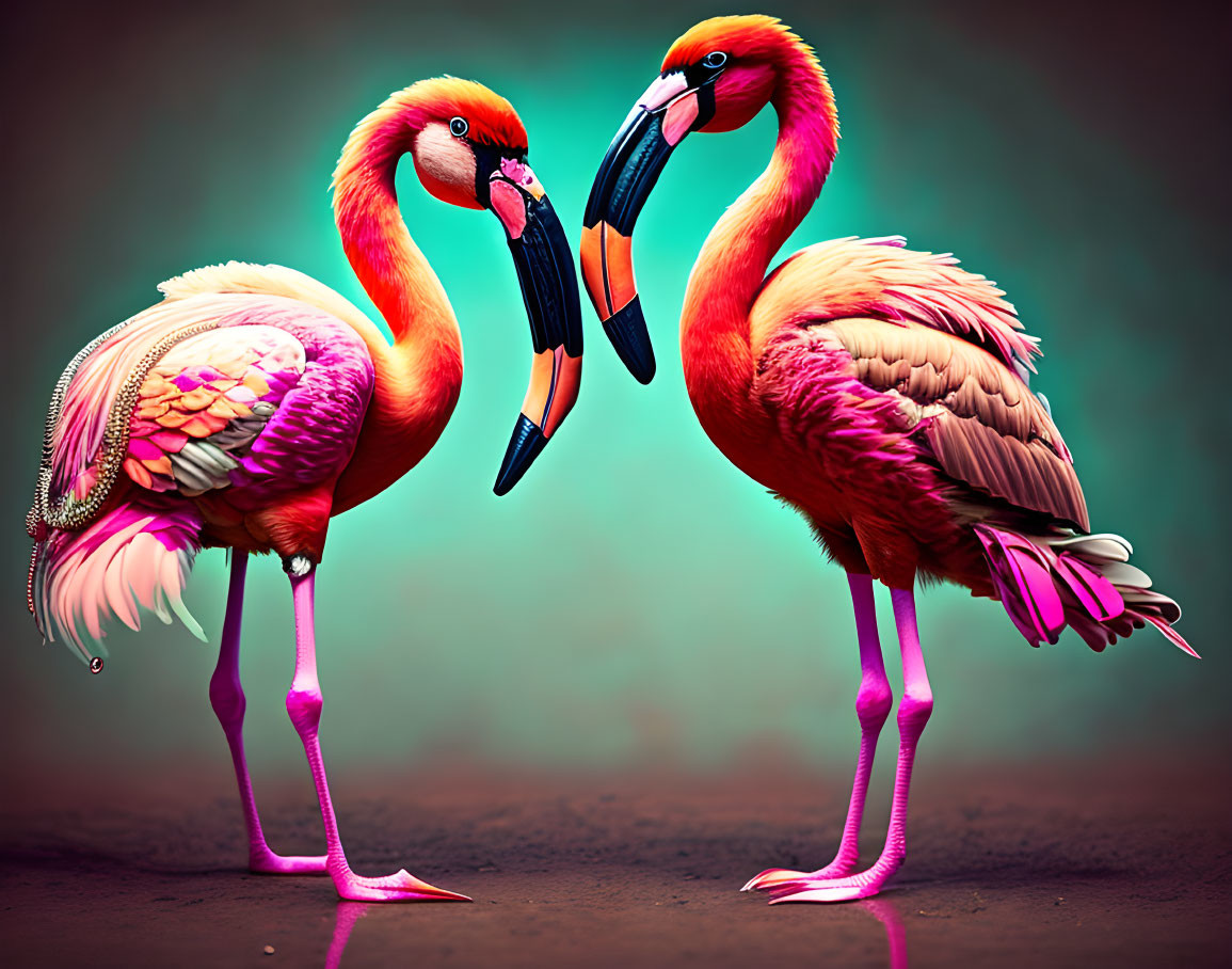 Flamingos with beaks touching in vibrant colors