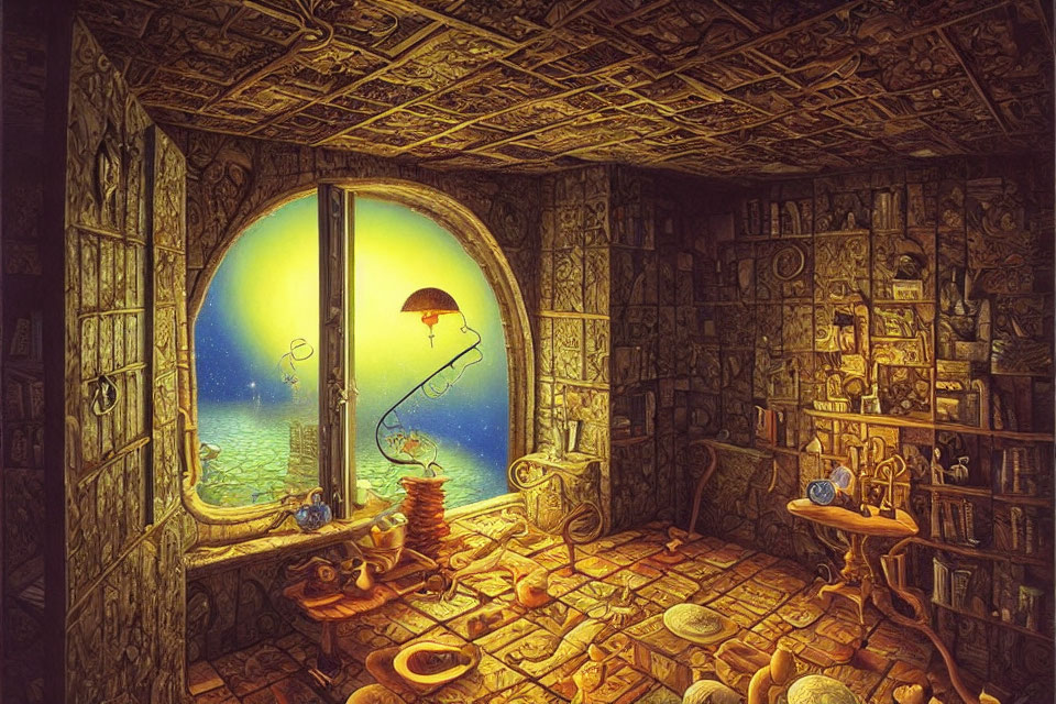 Underwater Room with Sea View, Books, Artifacts, and Lamp