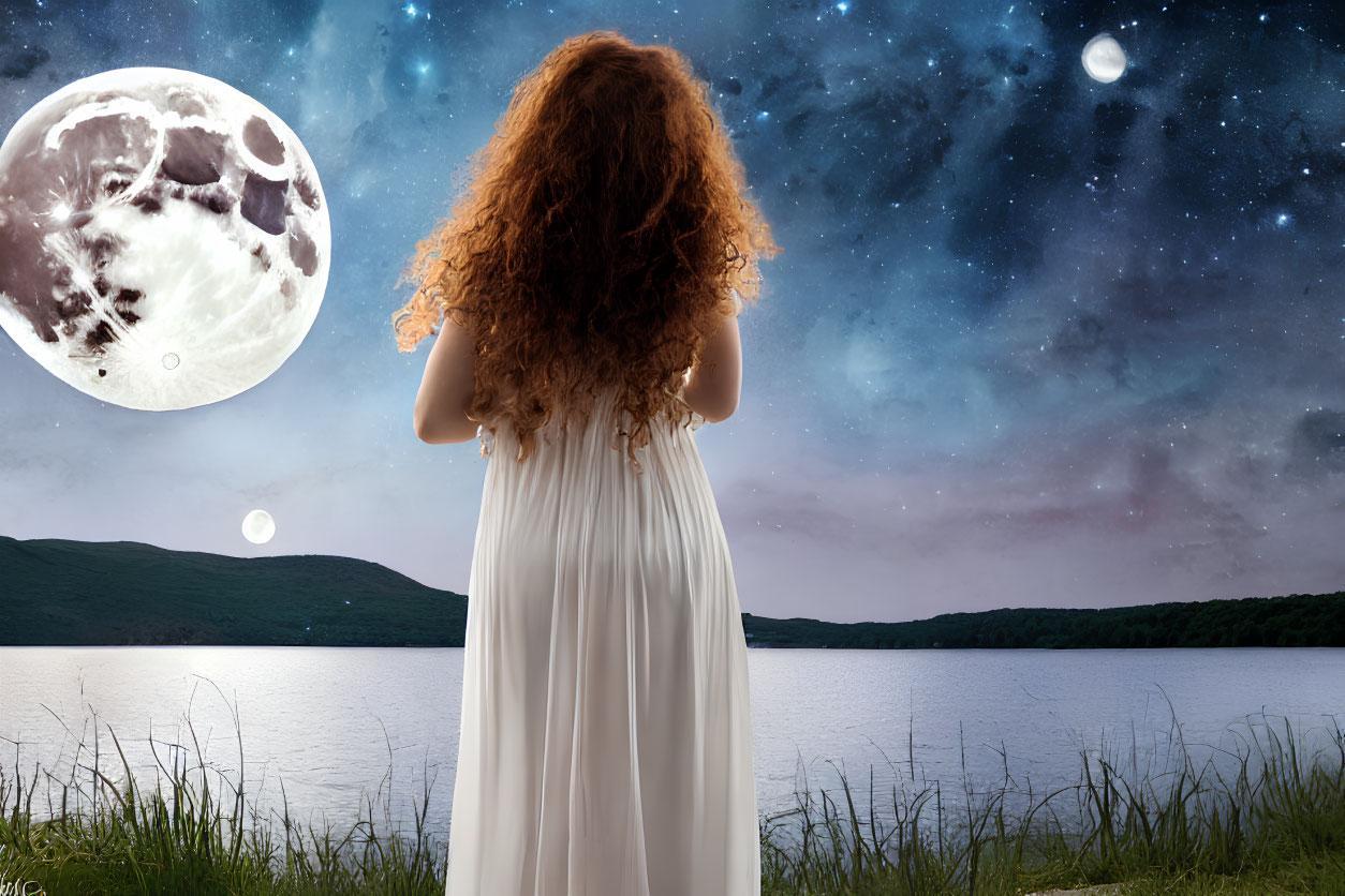 Woman in White Dress Contemplating Starry Night Sky by Lake