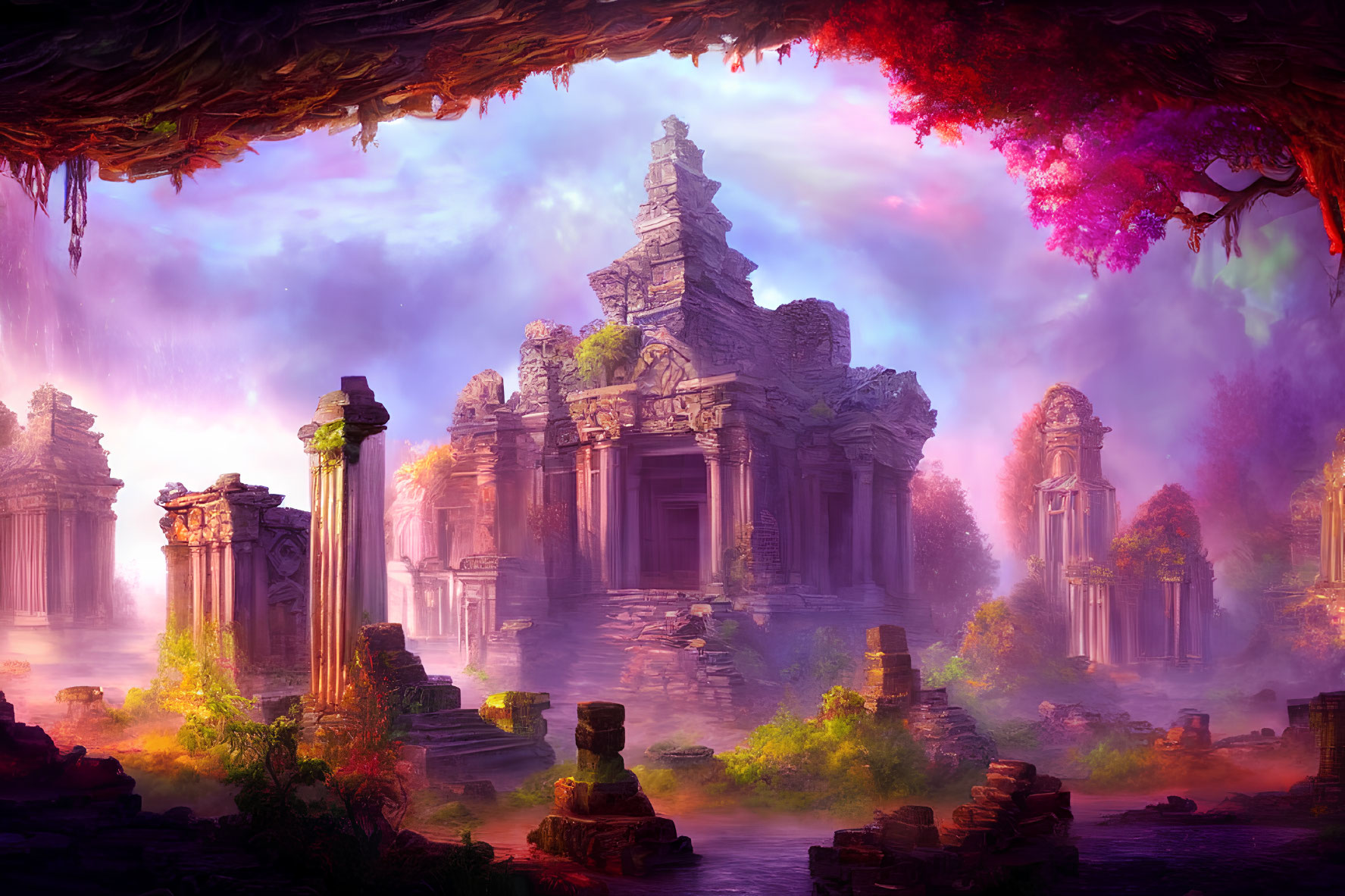 Ancient temple ruins in lush forest with purple foliage under warm light