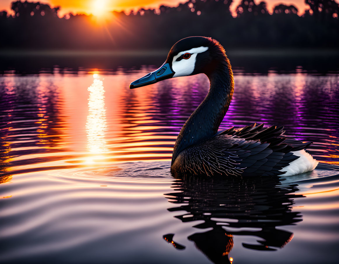 Duck with unique markings on serene lake at sunset