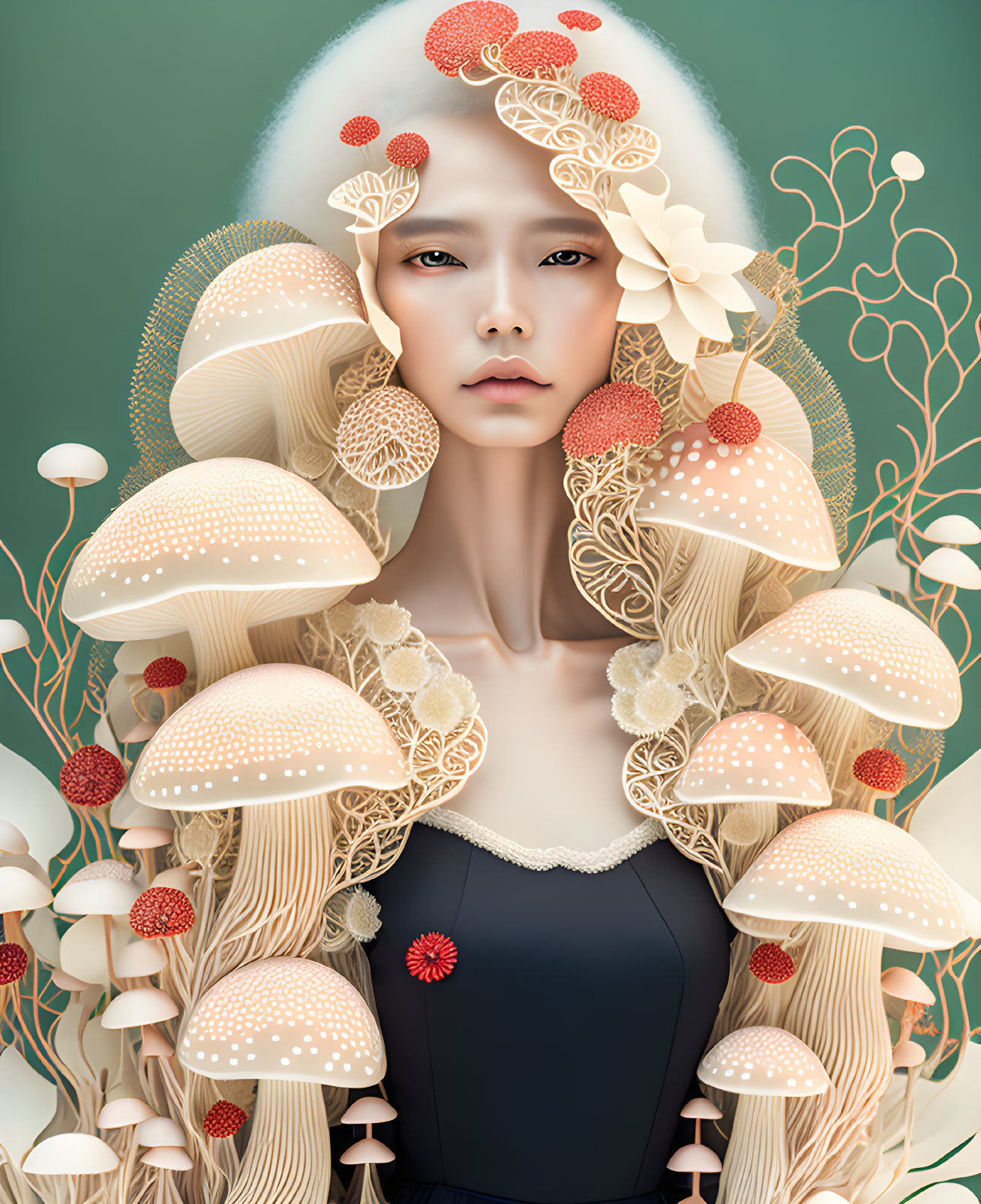 Surreal portrait featuring pale-skinned person with mushrooms, flowers, and patterns on green backdrop