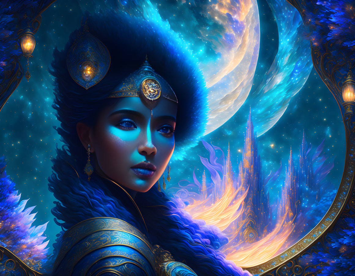 Woman in Blue Attire and Celestial Sky Portrait