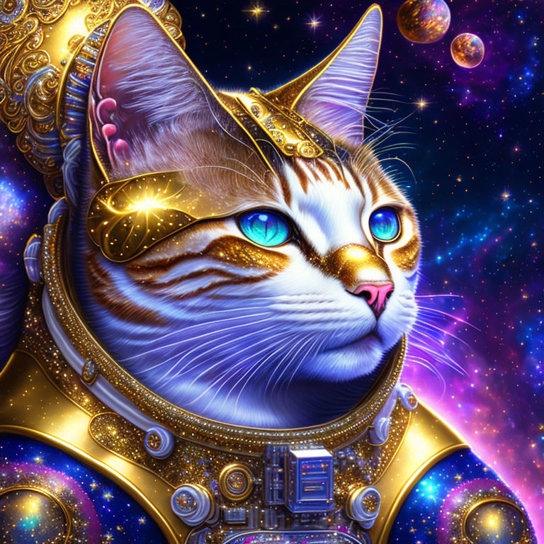 Regal cat in golden armor with space-themed background