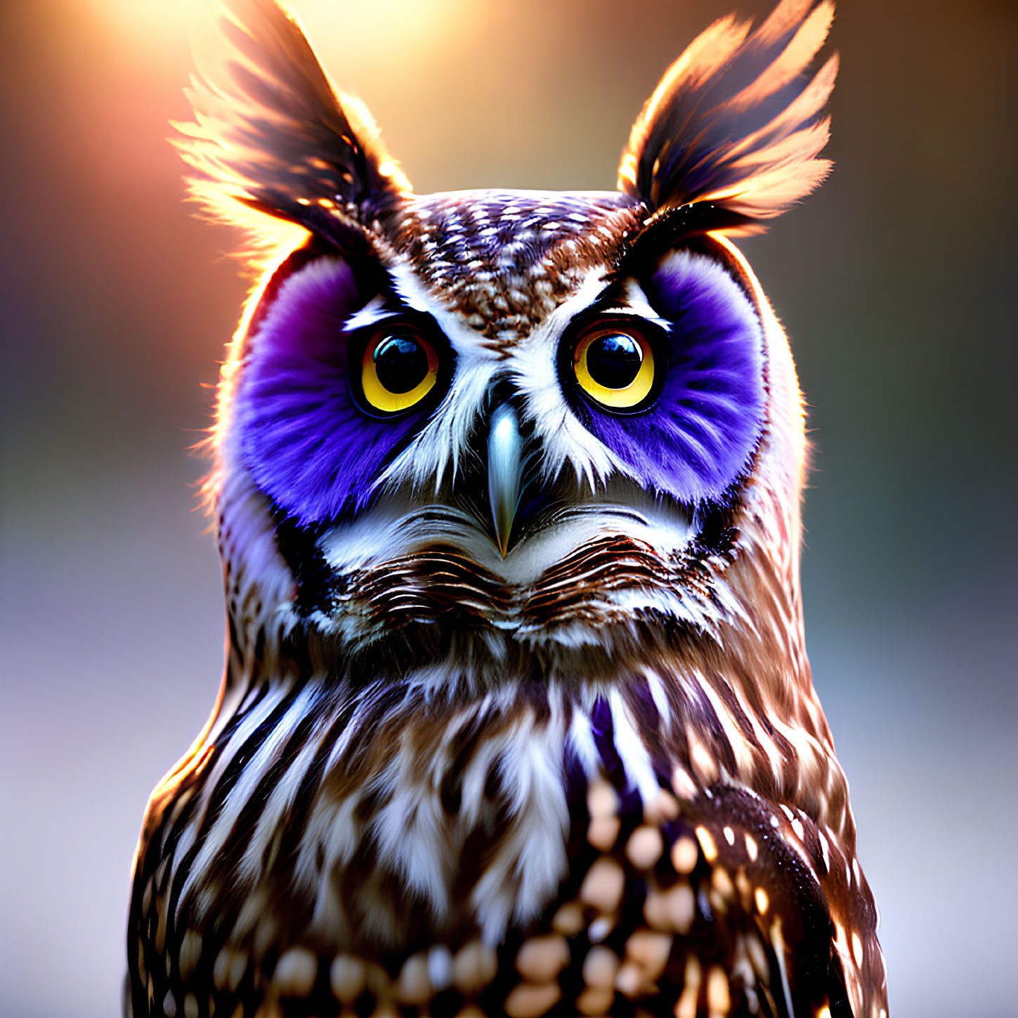 Vividly Colored Owl with Purple Eyebrows and Yellow Eyes