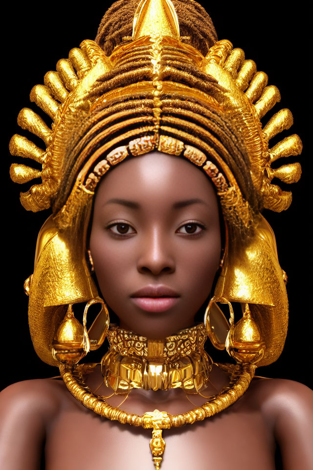 Elegant woman adorned in golden headgear and jewelry on dark background