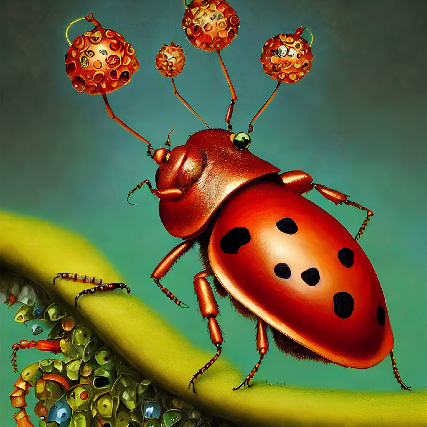 Illustration of Red Ladybug with Balloons on Leaf surrounded by Bugs