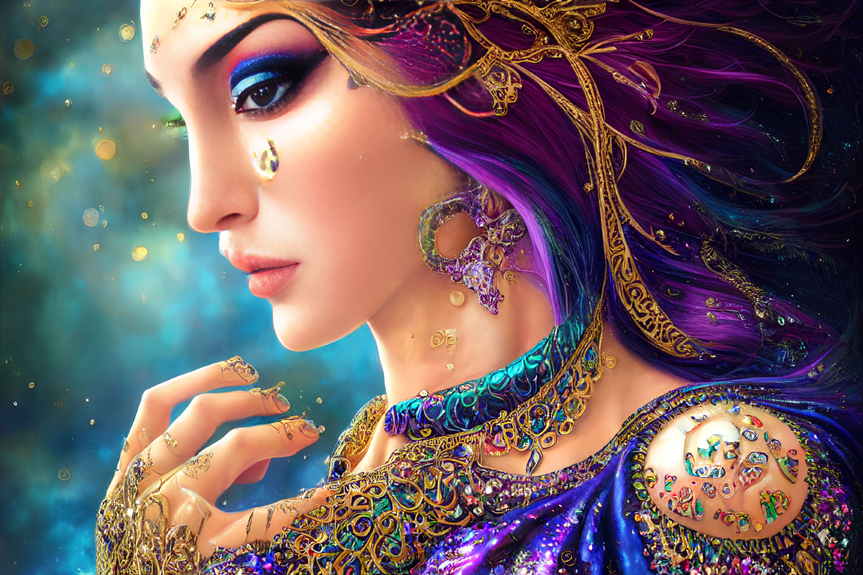 Digital Artwork: Woman with Purple Hair & Golden Jewelry on Starry Background