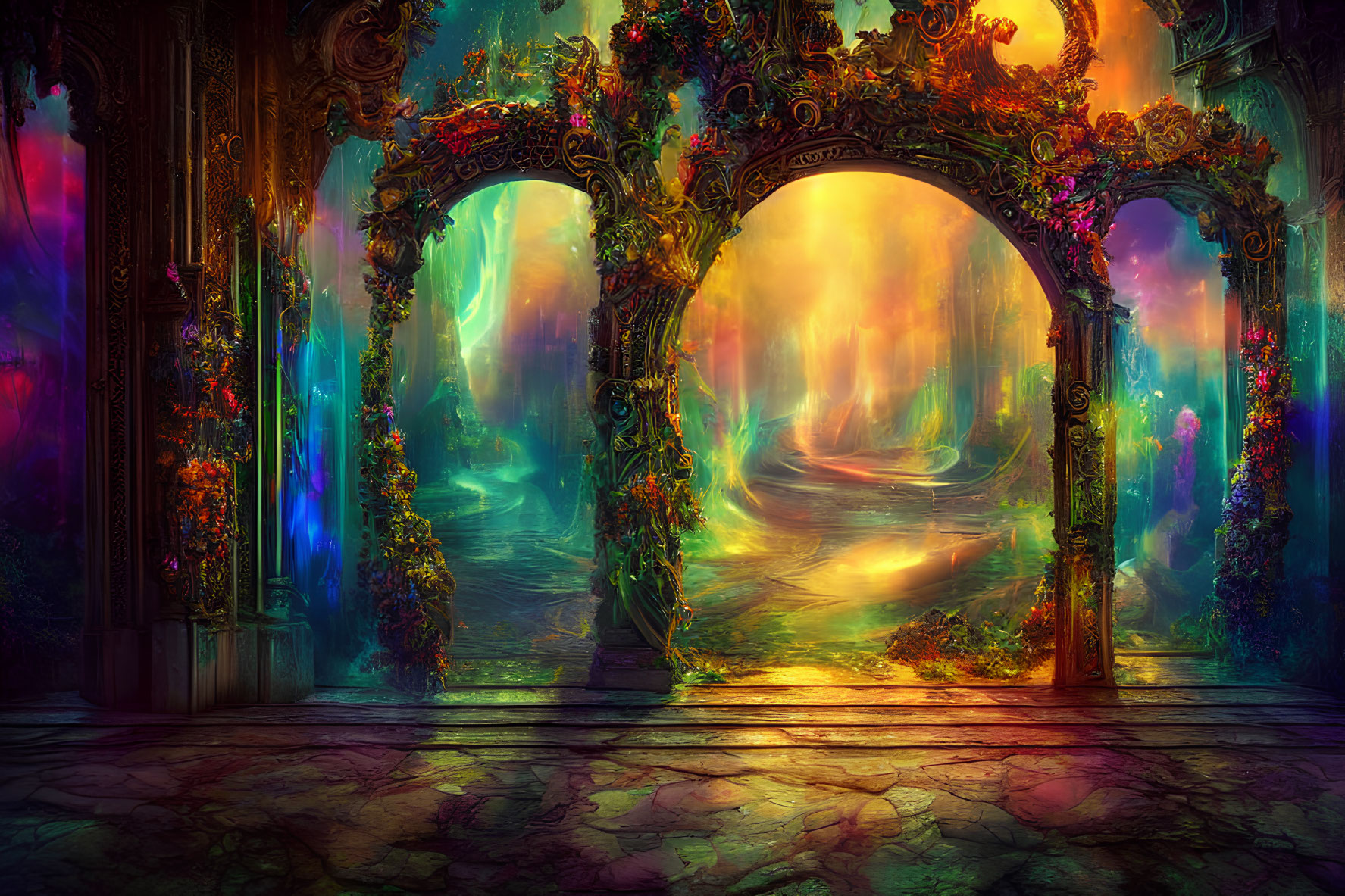 Vibrant fantasy landscape through ornate archway