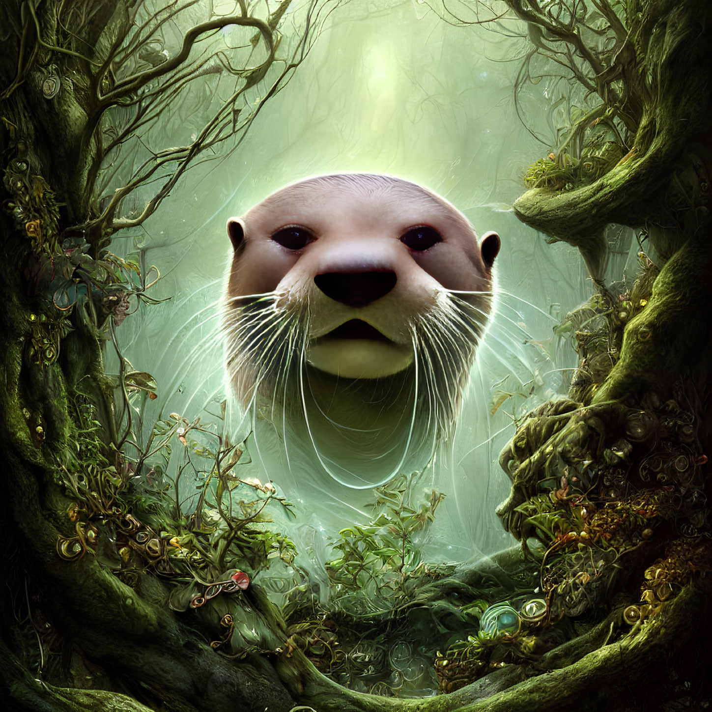 Otter's Face in Mystical Green Forest with Glowing Orbs