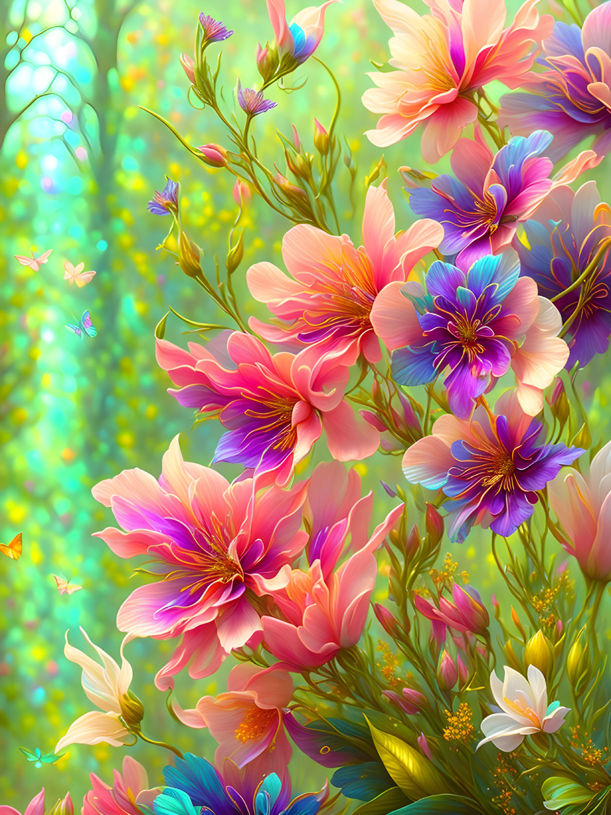 Colorful blooming flowers and butterflies in digital art.