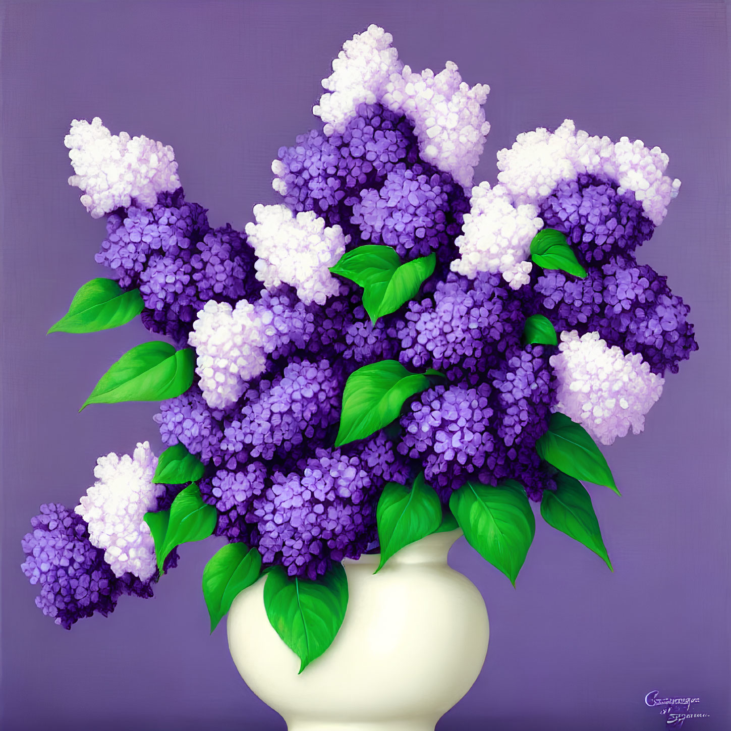 Purple lilacs in white vase on purple background with green leaves