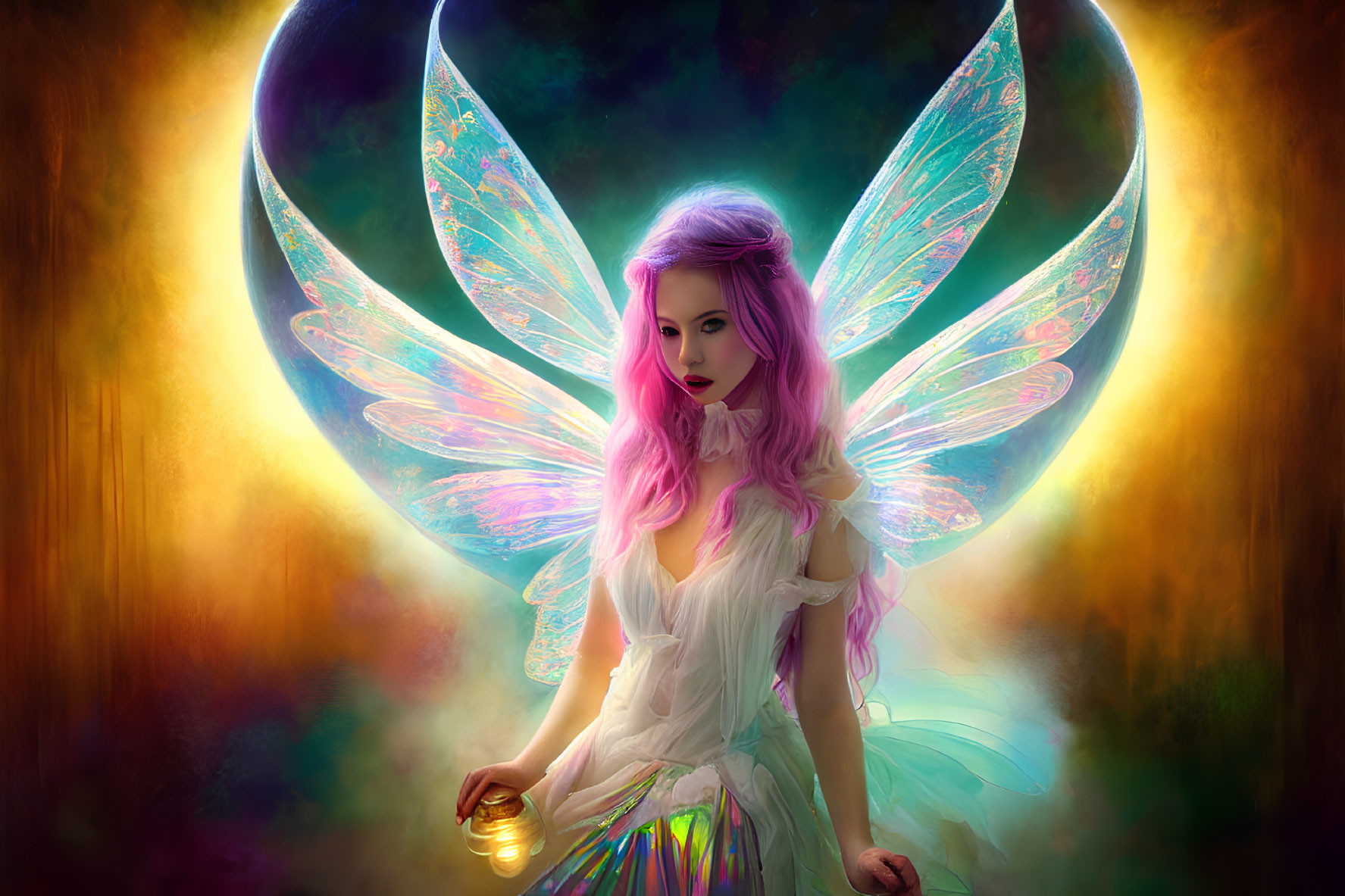 Pink-haired woman with fairy wings holding glowing orb in mystical setting