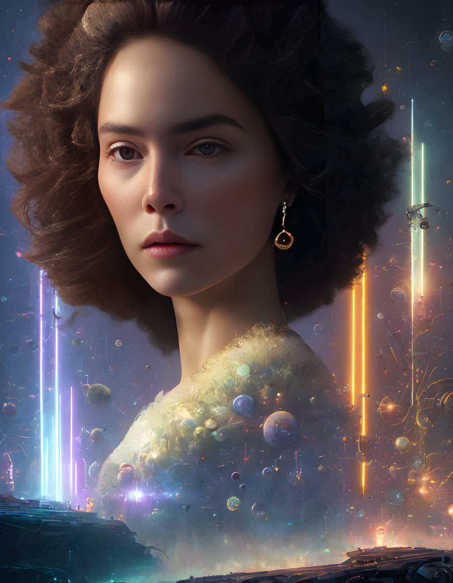 Woman portrait with cosmic background: planets, stars, colorful light beams