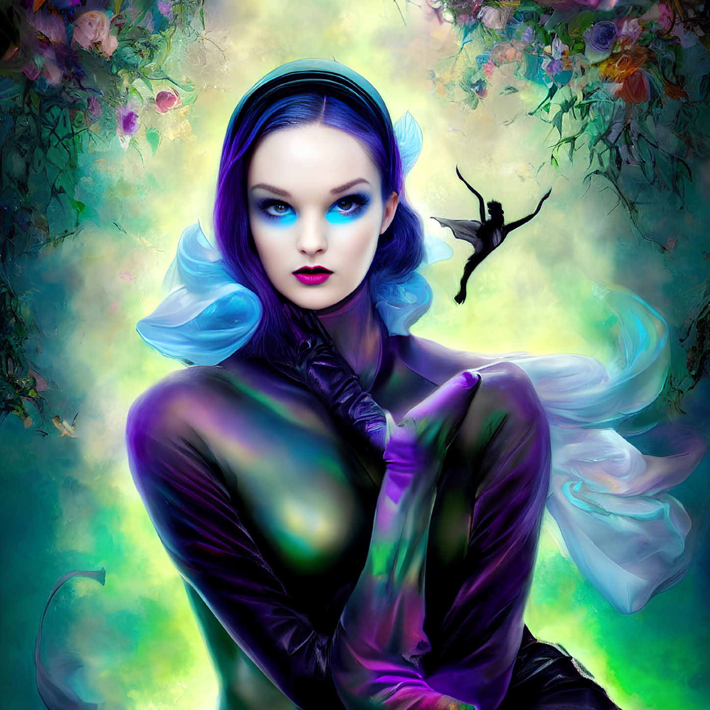 Digital artwork: Woman with blue hair, dark lipstick, vibrant floral scenery, fairy silhouette