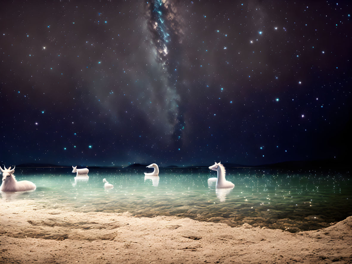 Night Beach Scene with Inflatable Swan Floats and Milky Way Sky