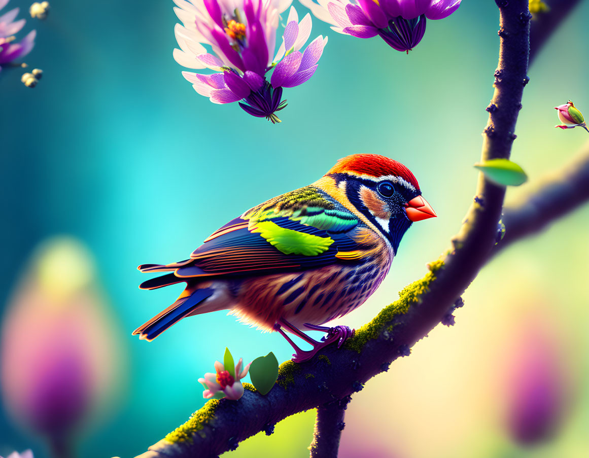 Colorful Bird Perched on Branch Among Purple Flowers