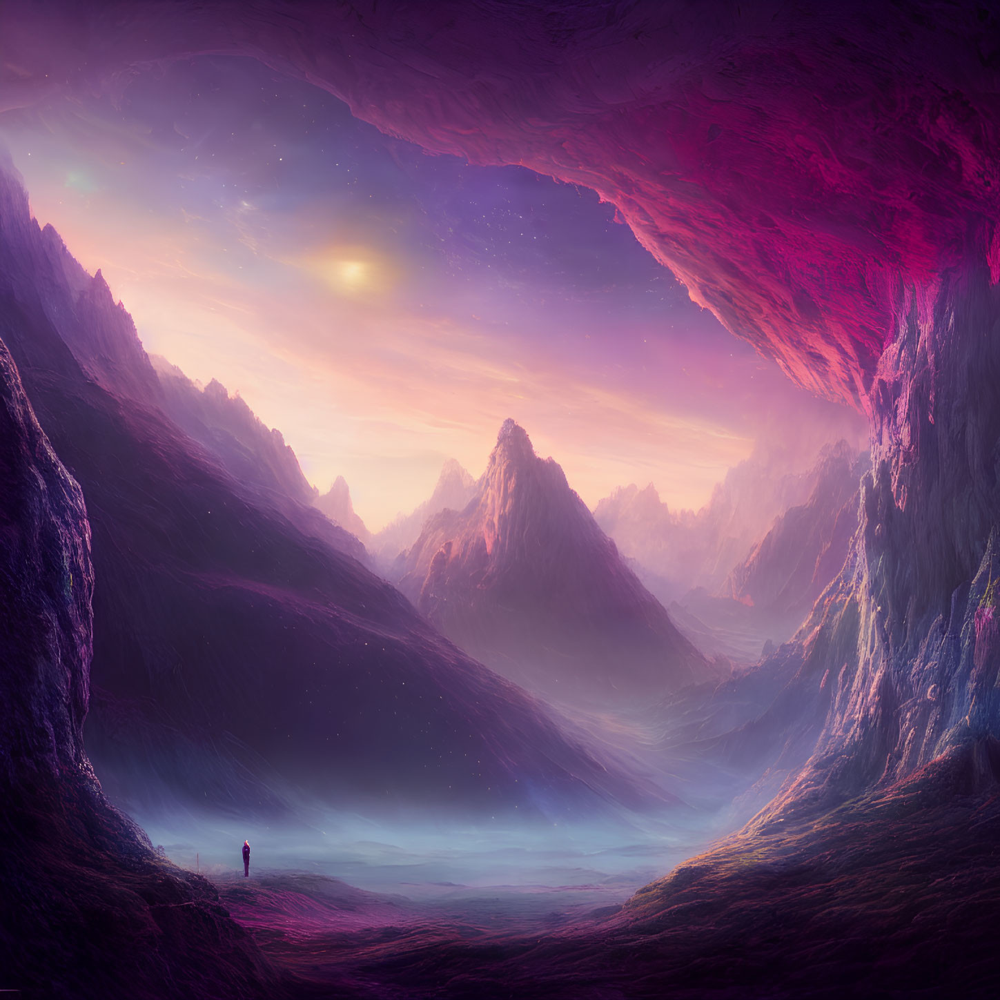 Surreal purple landscape with mountains at dawn