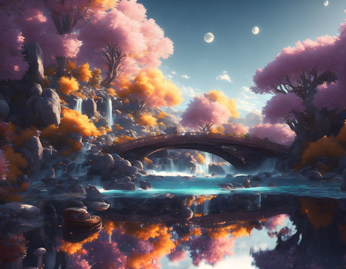 Fantasy landscape with stone bridge, pink trees, blue sky, and dual moons