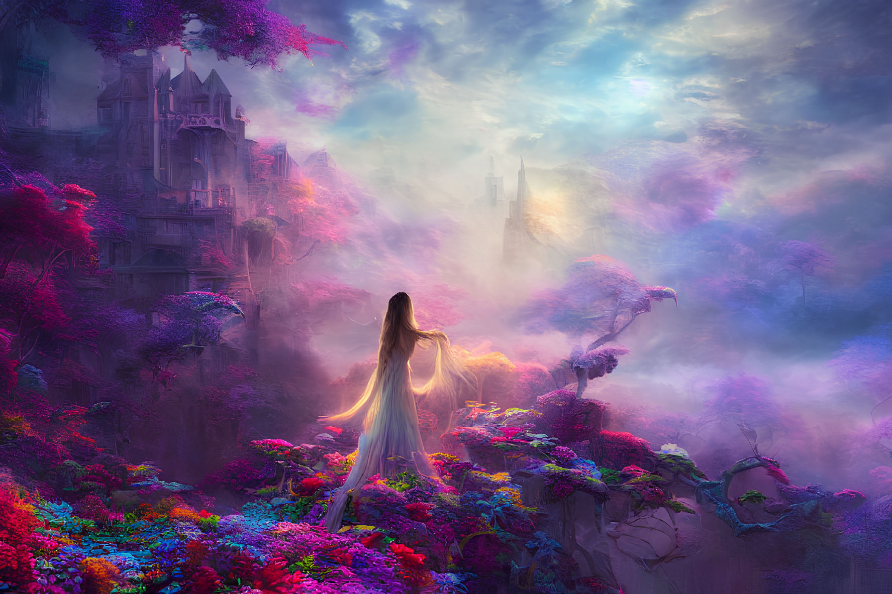 Woman in flowing dress amid mystical landscape with vibrant flowers, fog, and castle.