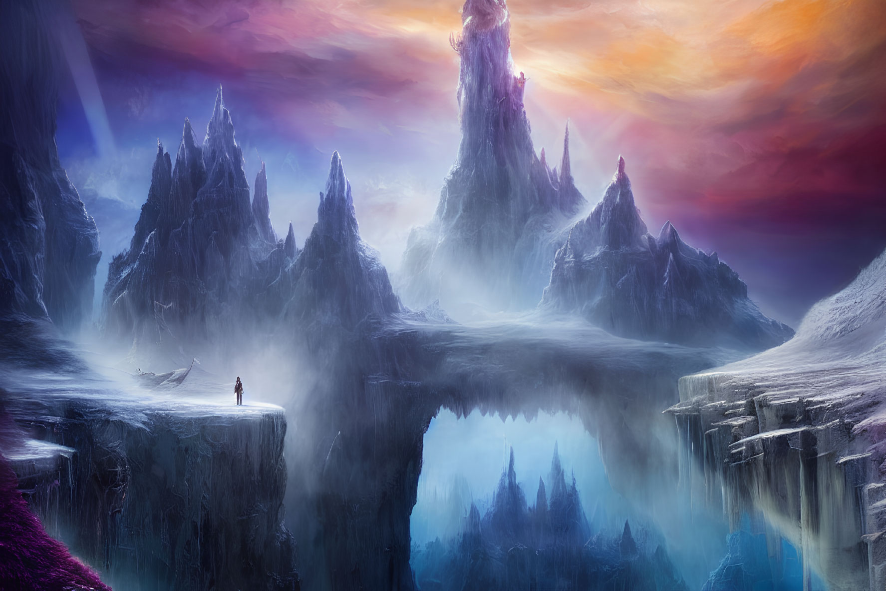 Person overlooking mystical landscape with ice spires, lake, and colorful sky