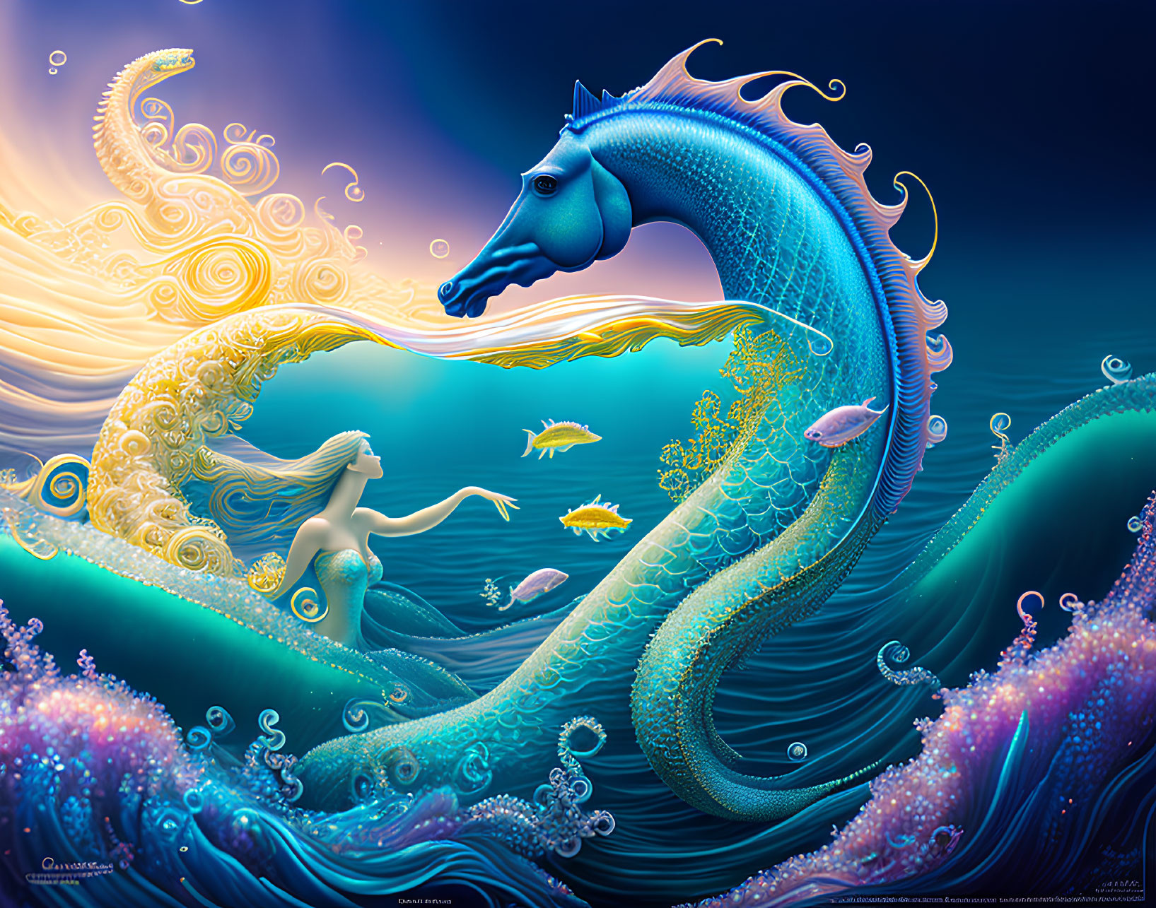 Mermaid and Sea Dragon in Mythical Ocean Scene