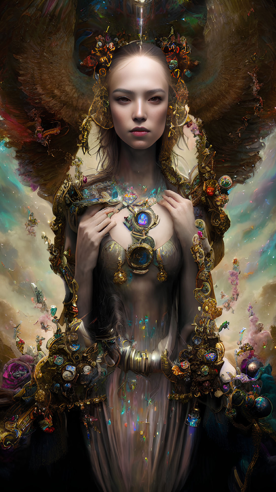 Ethereal woman with golden adornments in surreal setting