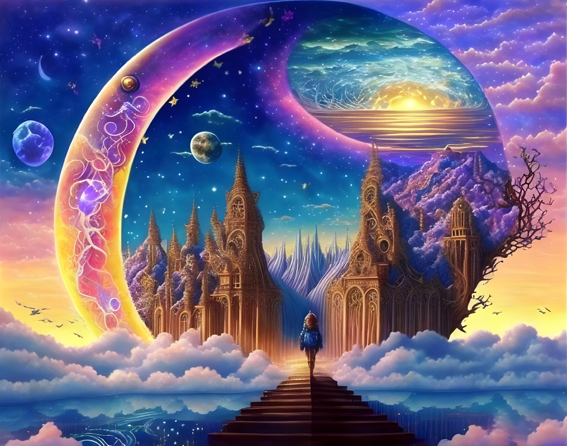 Person standing before fantasy castle in cosmic sunset scene