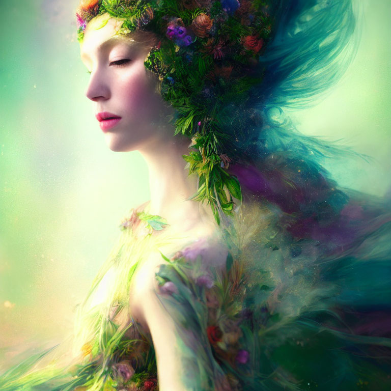 Woman wearing floral crown and dress blending into colorful mist