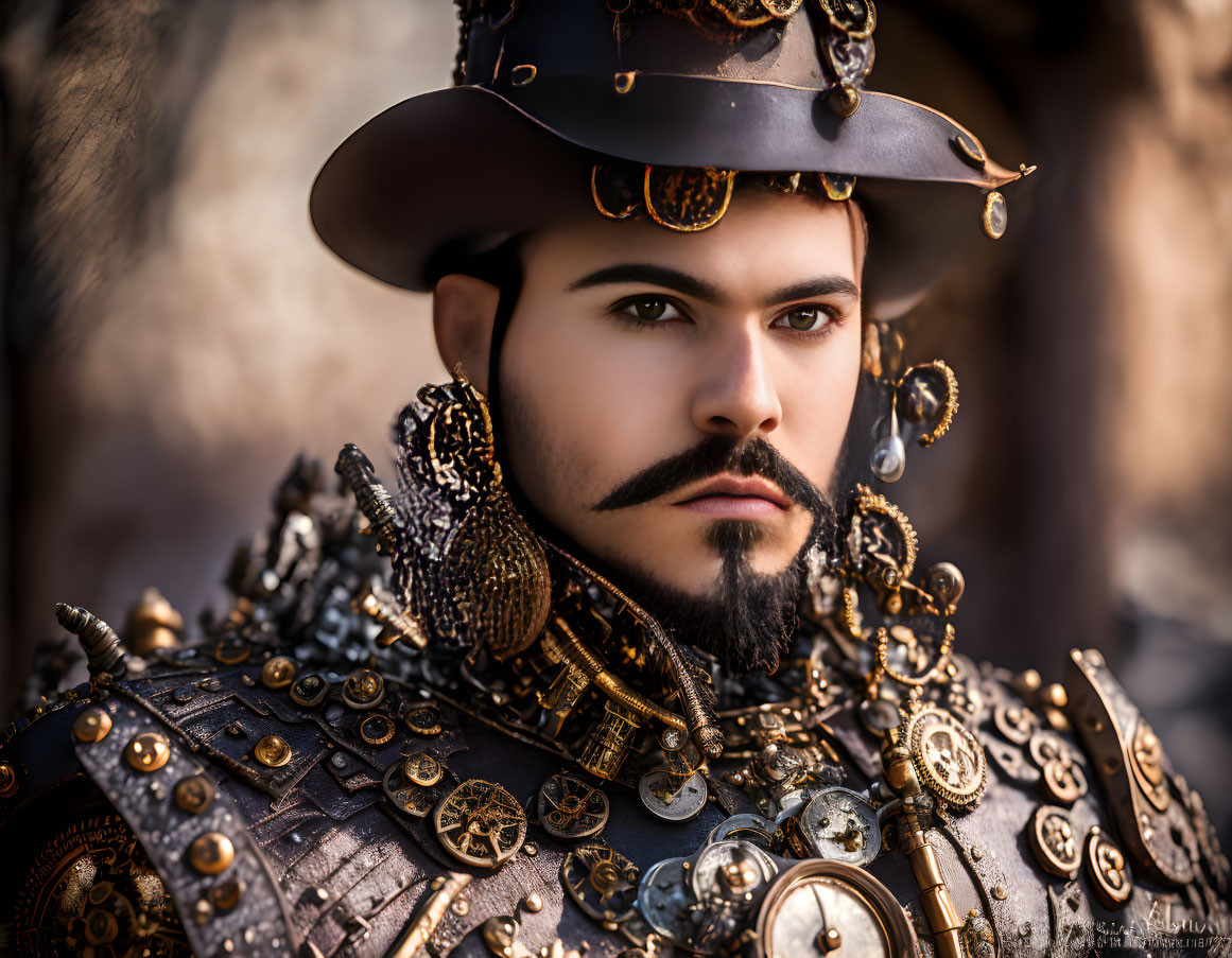 Steampunk-inspired man in ornate armor and decorated hat gazing at camera