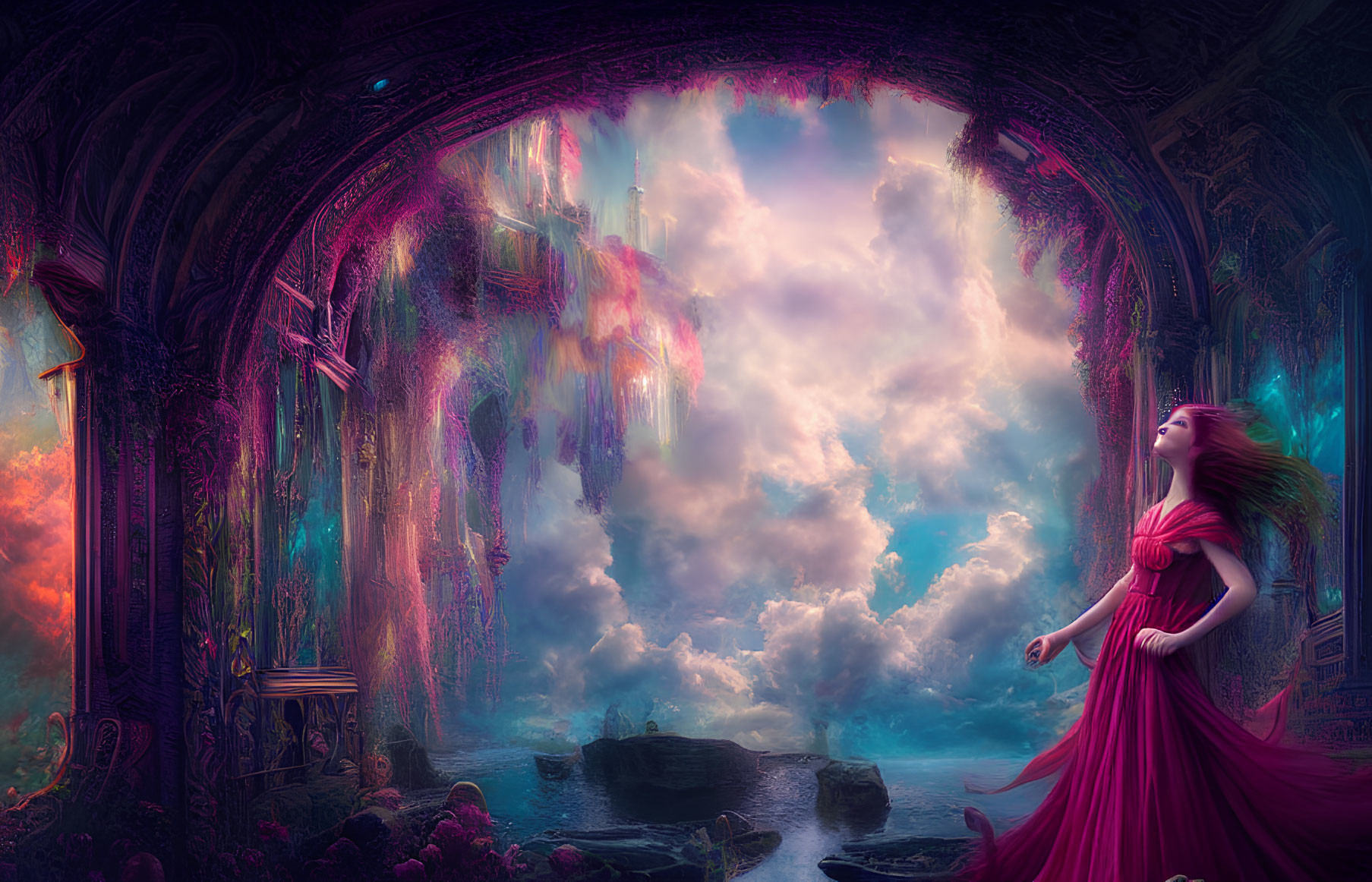 Woman in Red Dress at Colorful Portal Overlooking Serene Landscape