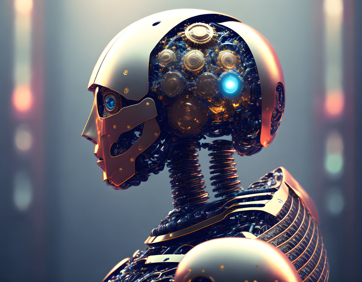 Detailed futuristic robot head with exposed mechanical parts and glowing blue eye