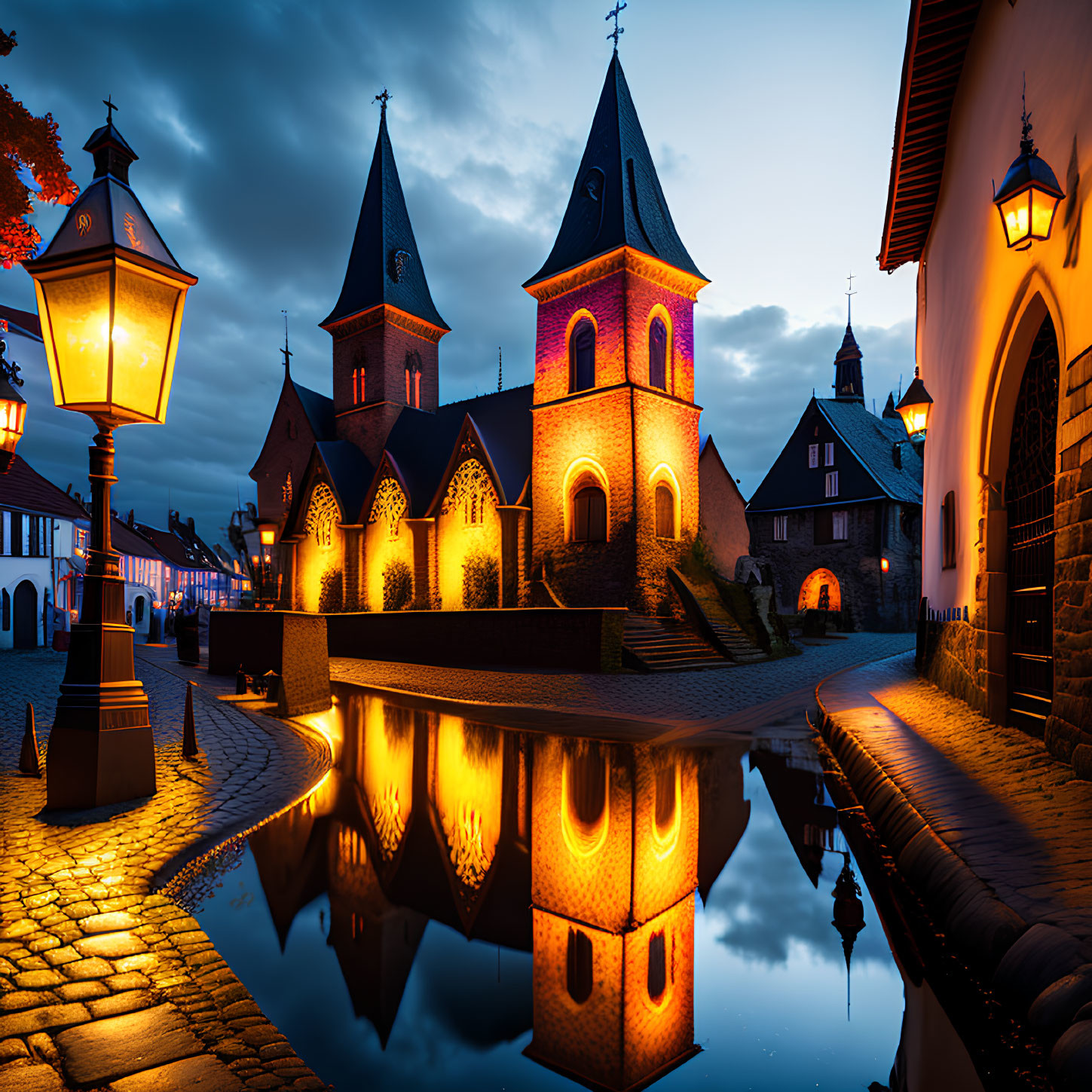 Tranquil village twilight scene with illuminated street lamps and reflections on water