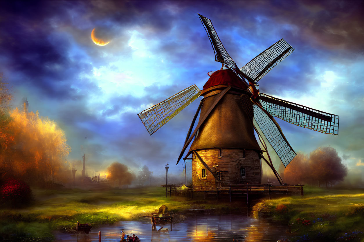 Traditional windmill by river at dusk with crescent moon and small boat