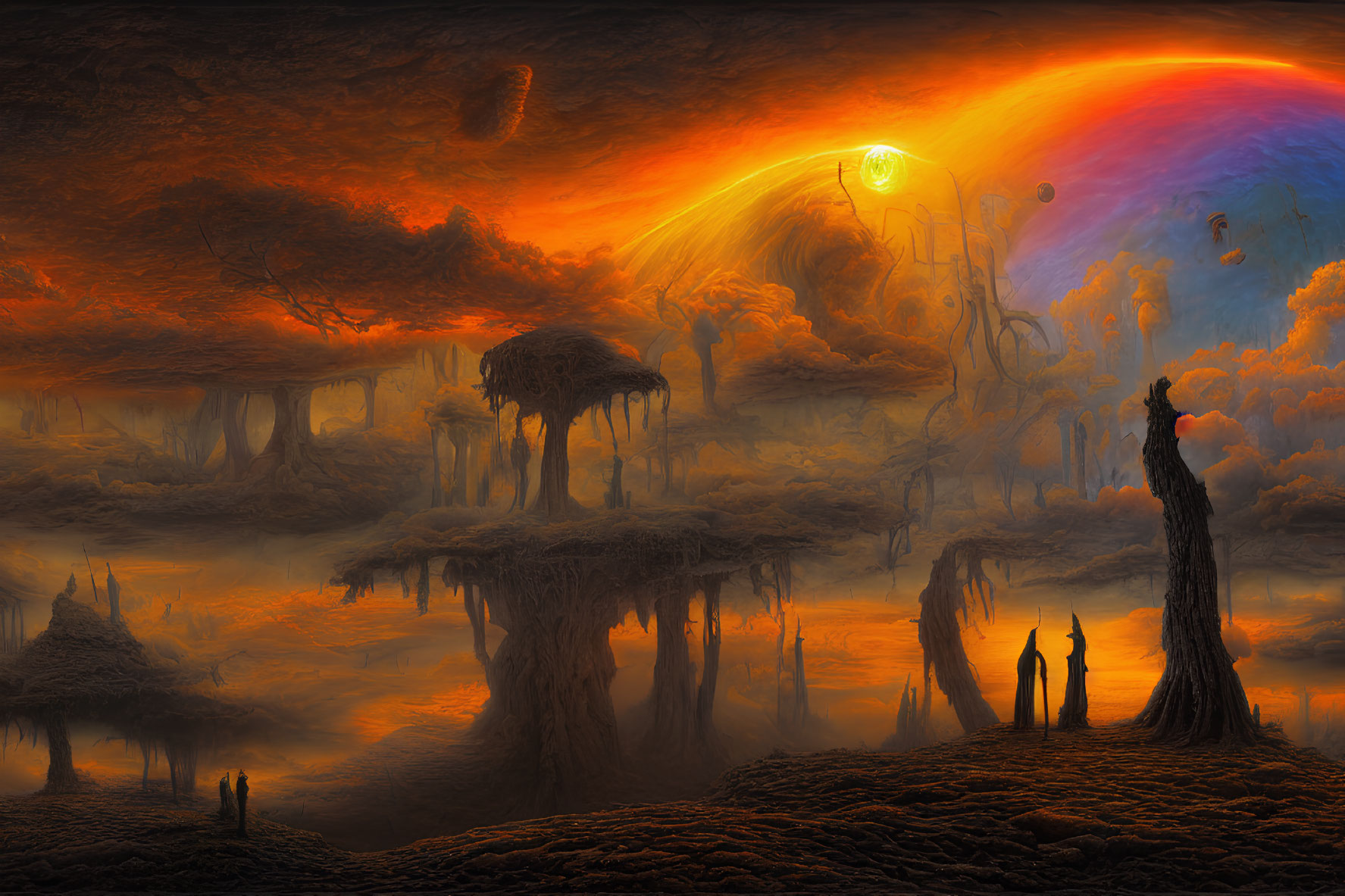 Surreal fiery landscape with rock formations, figures, and vibrant sky