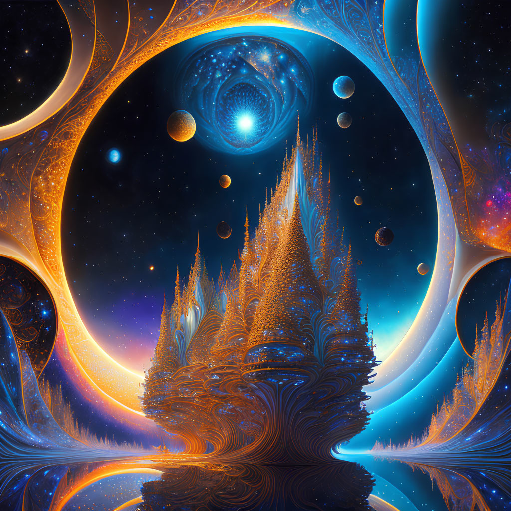 Vibrant blue and orange surreal cosmic landscape with swirling patterns